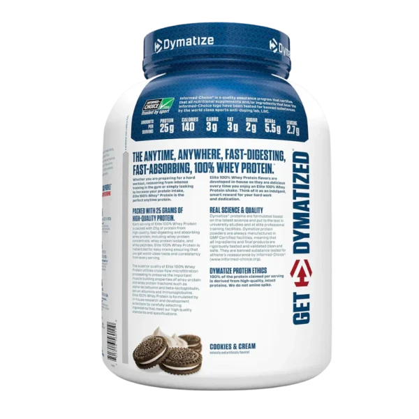 Dymatize Elite 100% Whey Protein Powder Cookies & Cream Back View