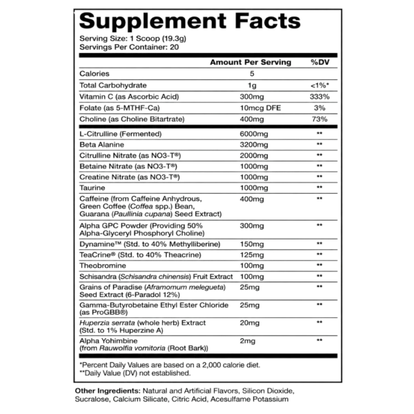 Redcon1 Total War Black Ops Extreme Pre-Workout Supplements Facts