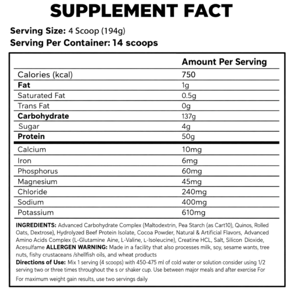 Big-Ramy Labs RED REX Beef Mass Gainer Supplement Facts