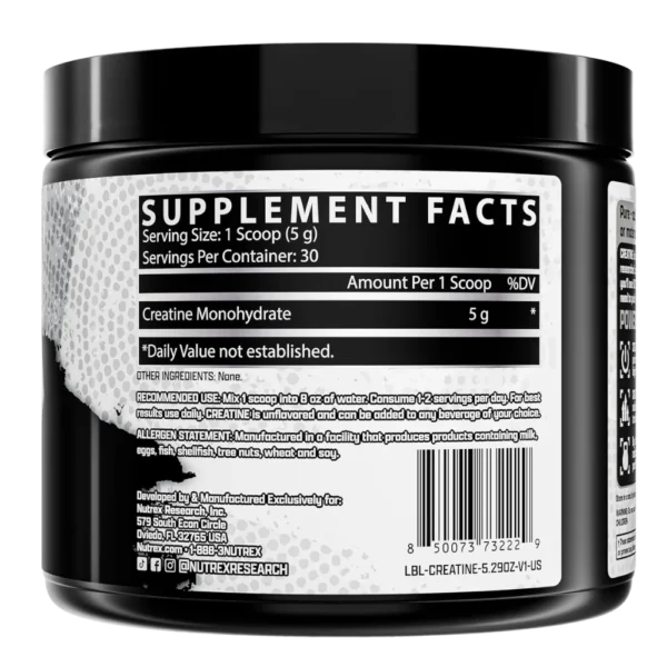 Nutrex Research Creatine Monohydrate Powder Unflavored 30 Servings Back View