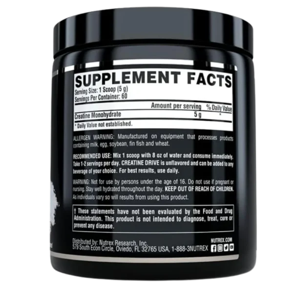 Nutrex Research Creatine Monohydrate Powder Unflavored 60 Servings Back View